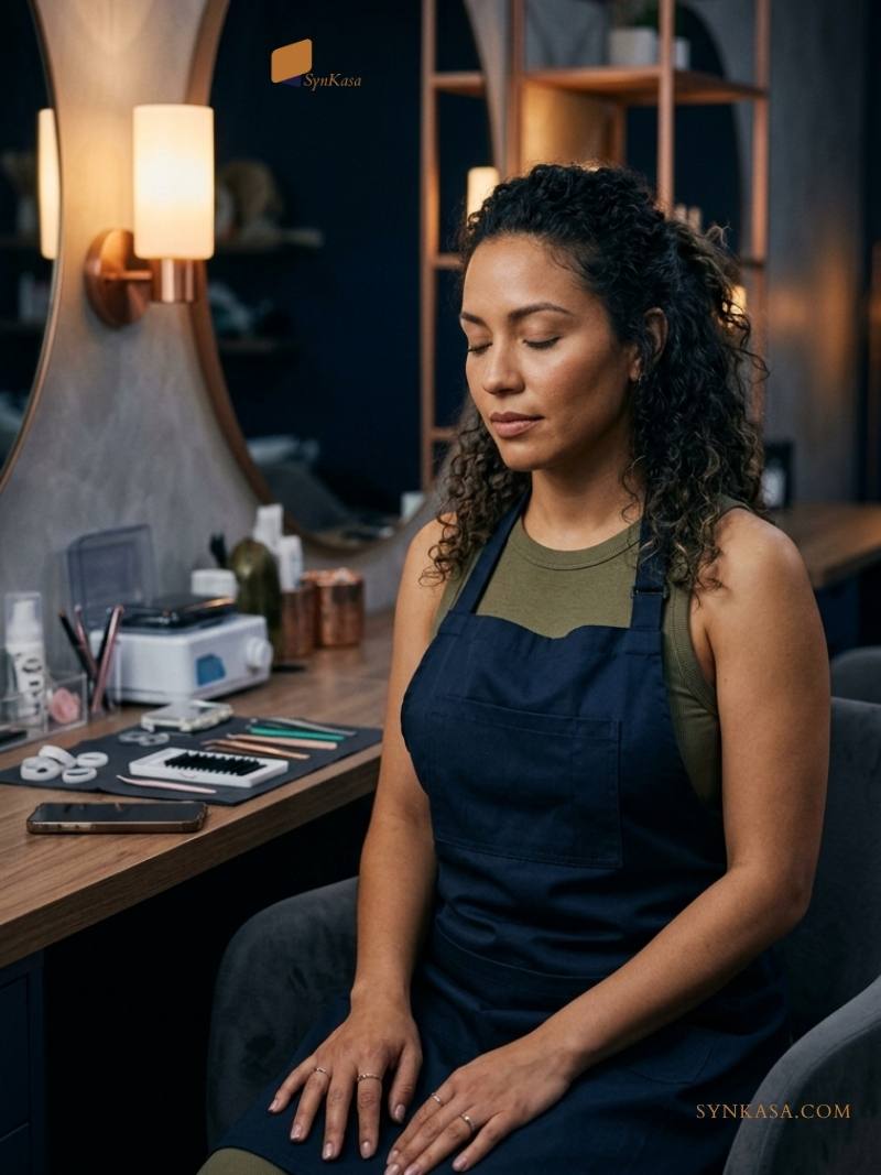 Lash technician at her studio workstation after a full day of clients