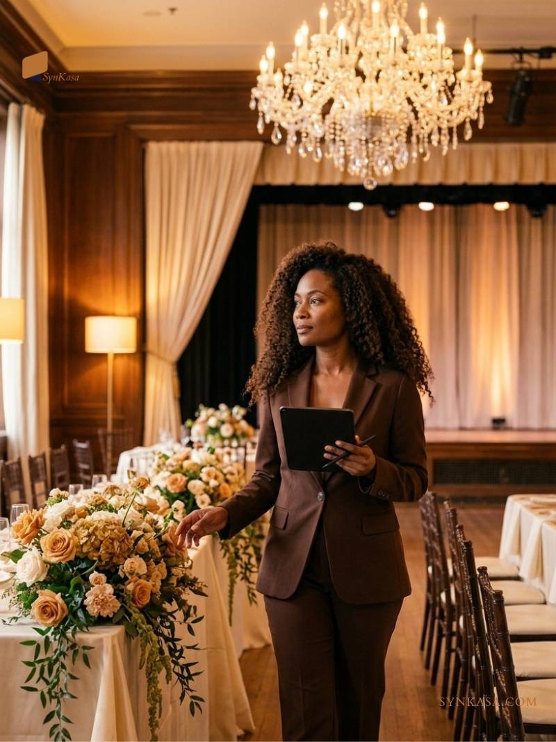 Event planner surveying a beautifully arranged wedding venue before guests arrive