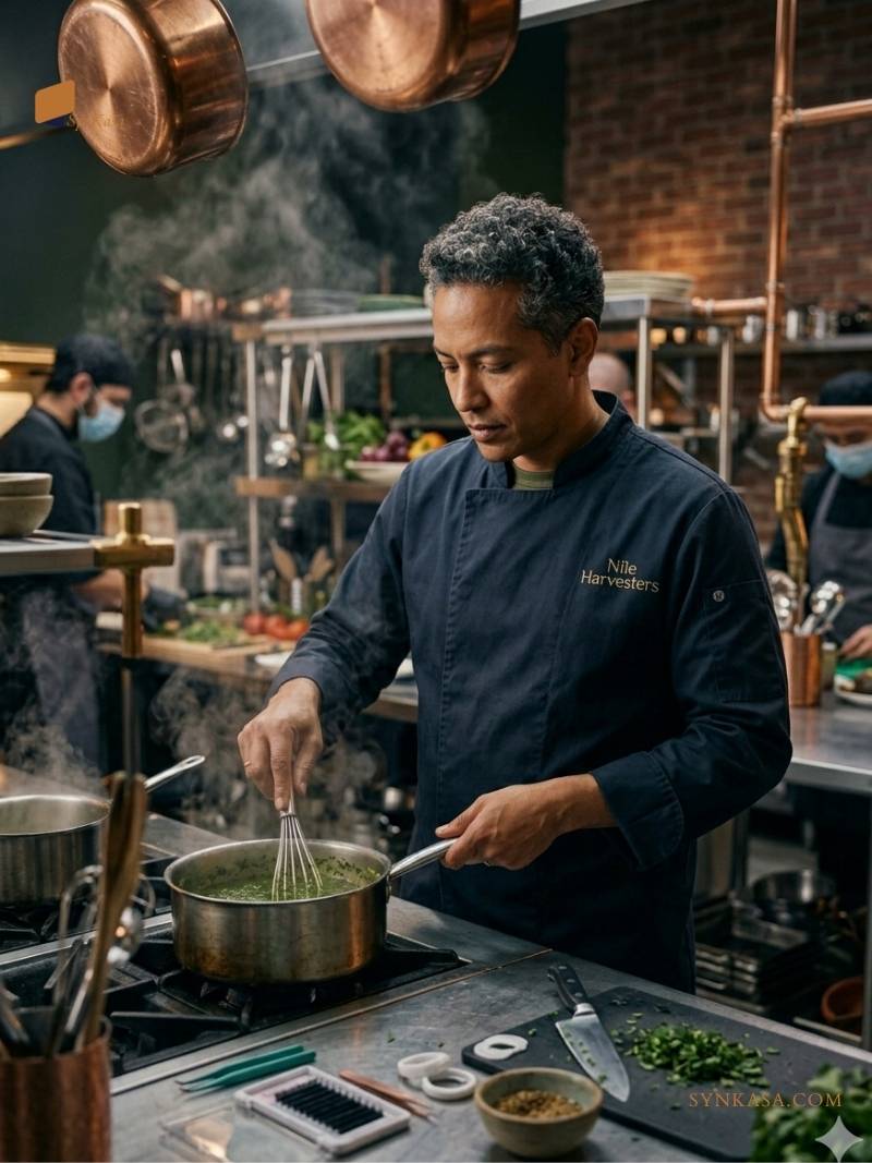 Professional caterer focused in a busy commercial kitchen prepping for a large event