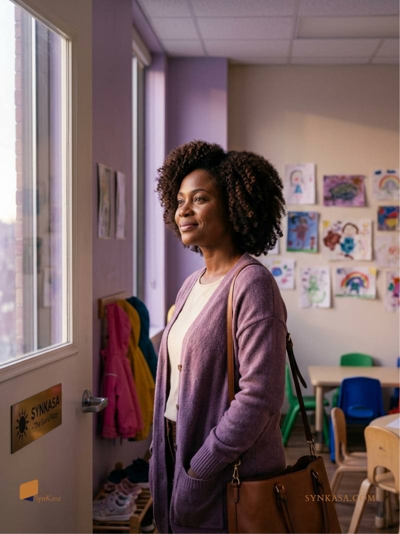 Childcare provider standing at her classroom door at end of a full day