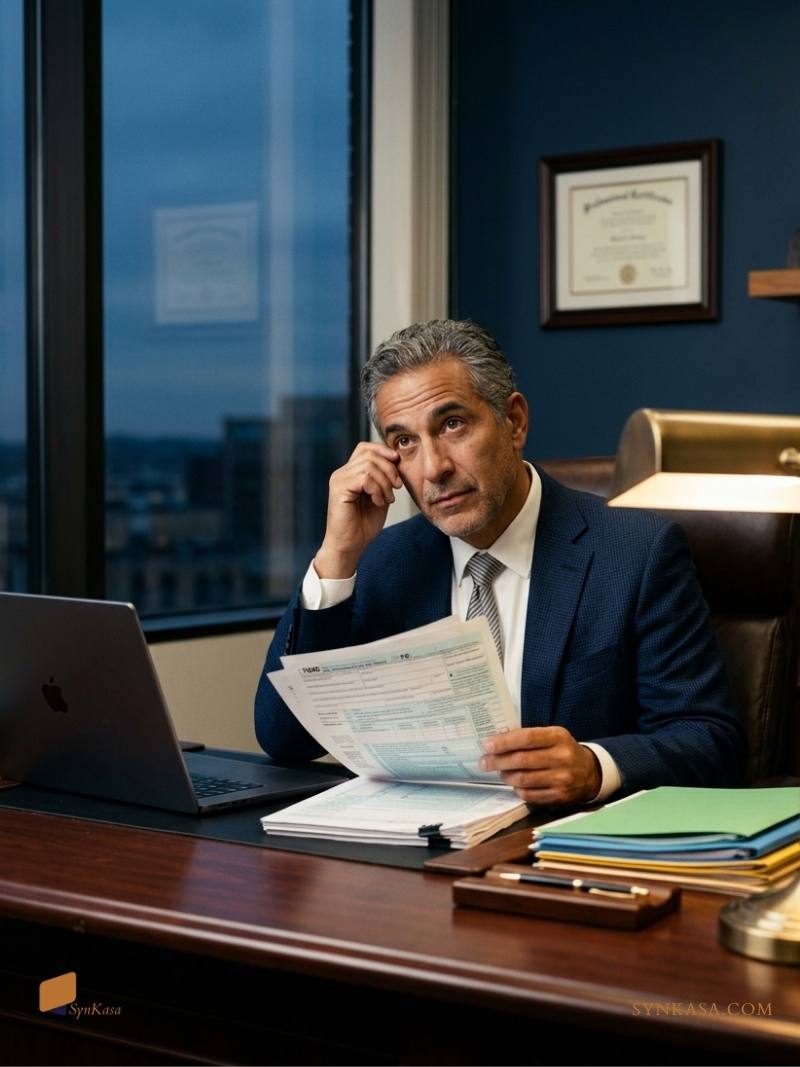 Tax professional reviewing documents at his desk late into the evening